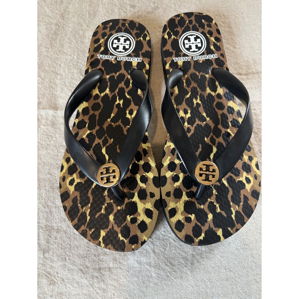 Tory Burch Leopard Print Flip Flop Sandals Gold Logo Size 6 Beachy, Casual
